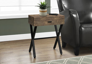 English Elm Accent Table Rustic Wood-Look End Table with Black Metal X Base, Nightstand with Drawer for Living Room Brown 22 L x 14 W x 7 H B2710P219287