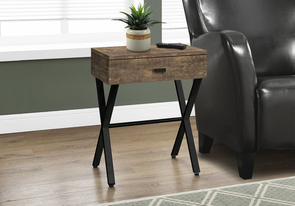 English Elm Accent Table Rustic Wood-Look End Table with Black Metal X Base, Nightstand with Drawer for Living Room Brown 22 L x 14 W x 7 H B2710P219287