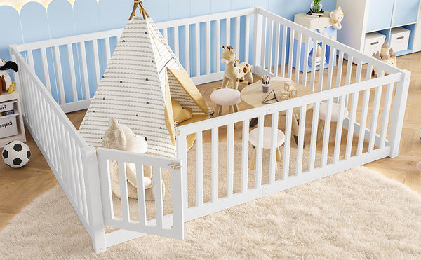 English Elm Queen Kids Floor Bed Pine Wood Frame with Safety Rails Door and Low Profile Design Light White W1580P417672