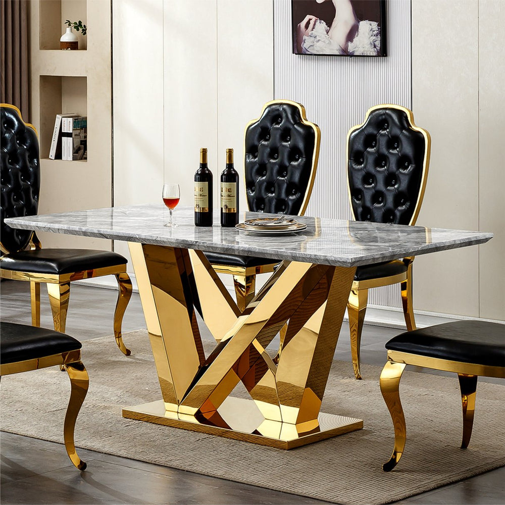 English Elm Marble Dining Table For 6-8, 74.8'' Rectangular Faux Marble Top With Mirrored Stainless Steel Base W3456S00045