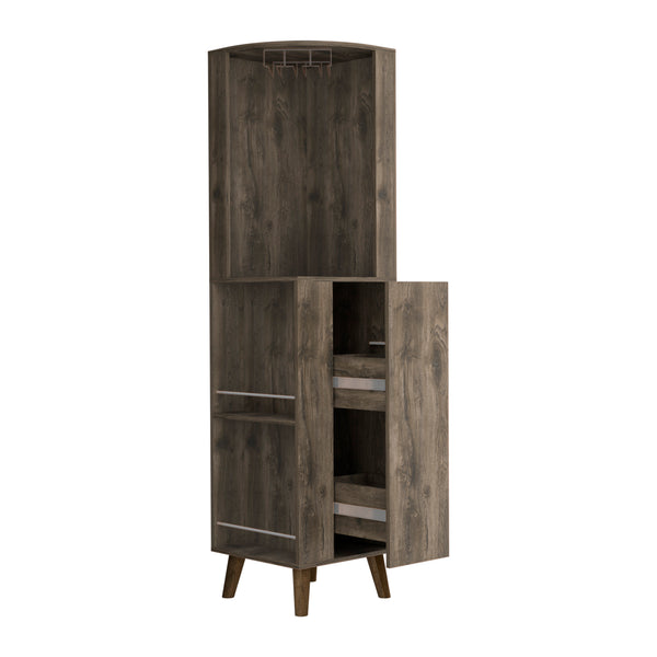English Elm Corner Corner Bar Cabinet Dark Brown Engineered Wood w/ Cup Rack, Drawer & 4 Shelves for Entertaining B097S00089