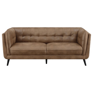 English Elm Maximillion Curved Brown Bouclé Tuxedo Sofa — Vintage-Chic 83" Upholstered Lounge with Plush Pillows B062P358204