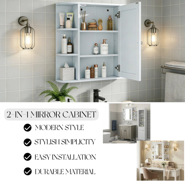 English Elm Bathroom Wall Cabinet with Mirror Door Open Shelving and Adjustable Interior Storage White N817P375228W