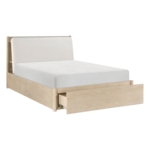 English Elm King Storage Bed Upholstered Headboard Oak Frame with Usb Shelves and Footboard Drawers B011S02355