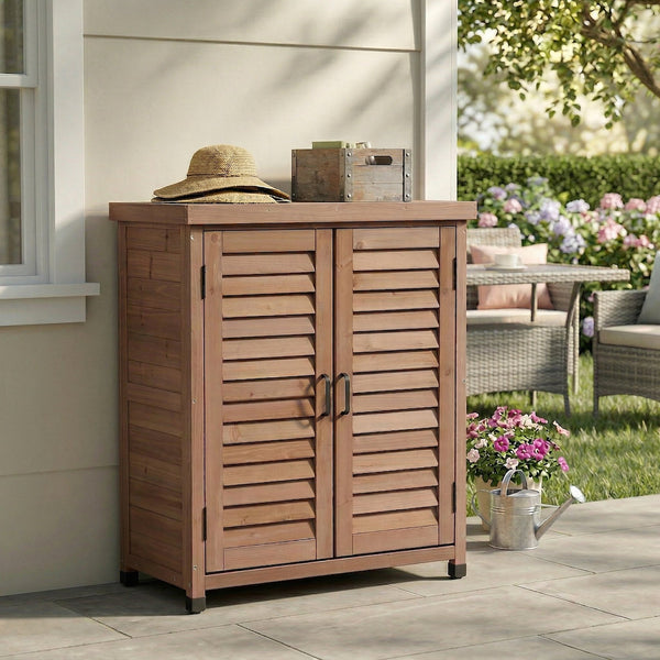 English Elm Potting Bench Solid Wood Workstation with Metal Top Louvered Cabinet Outdoor Garden Brown W2640P228401