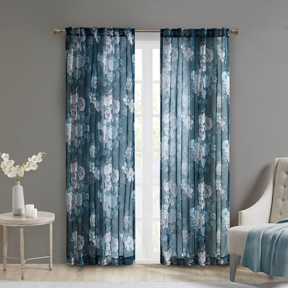 JLA Home Madison Park - Printed Voile Sheer Curtain Panel in Blush Floral on Navy — Lightweight, OEKO-TEX, Rod Pocket/Back Tab MP40-6623