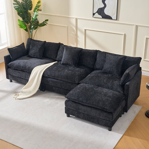 English Elm 108" L-shaped Chenille Cloud Sectional Deep Seat Sofa with Ottoman for Living Rooms Black W3244S00004