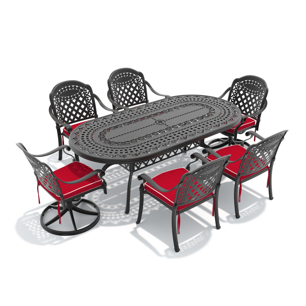 English Elm 7-piece Cast Aluminum Oval Patio Dining Set with Swivel Chairs Carved Detail W1710S00664