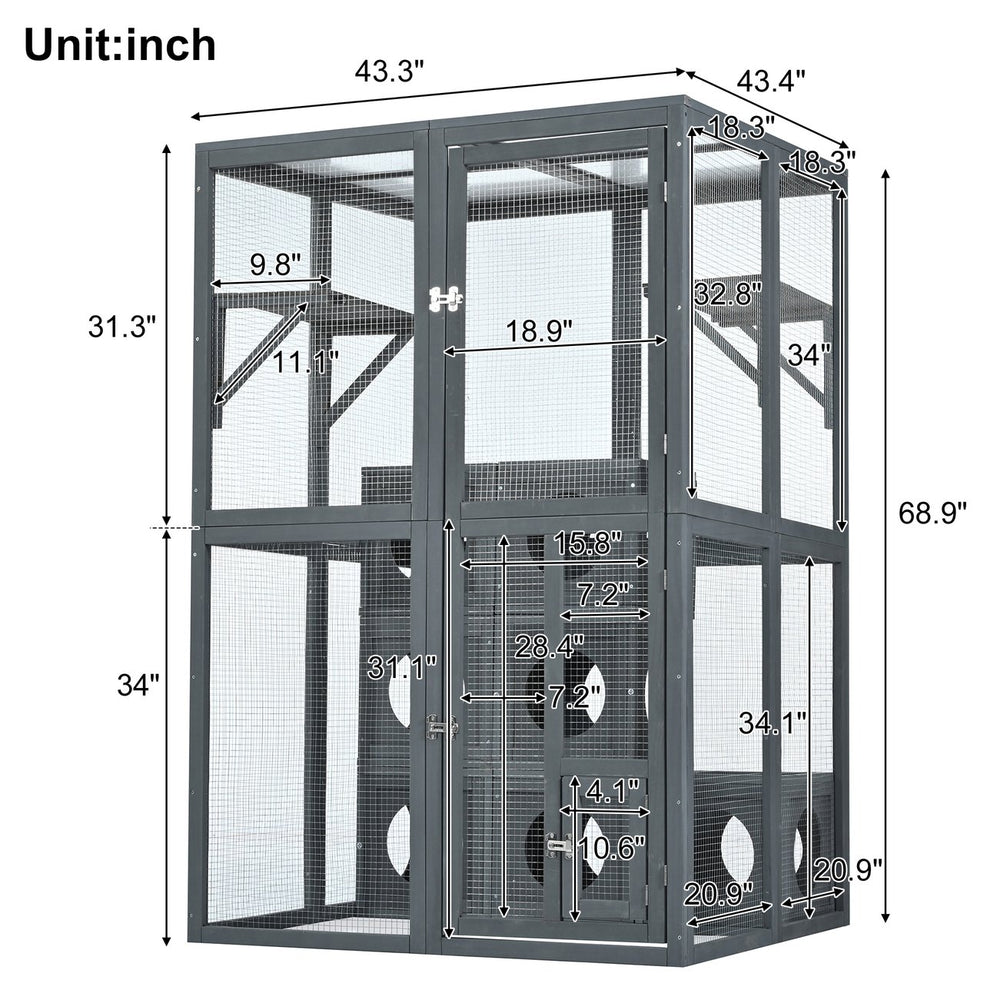 English Elm Catio Outdoor Cat Enclosure Modular Pine Wood Weatherproof Multi-level Feline Play Space N843MP104G