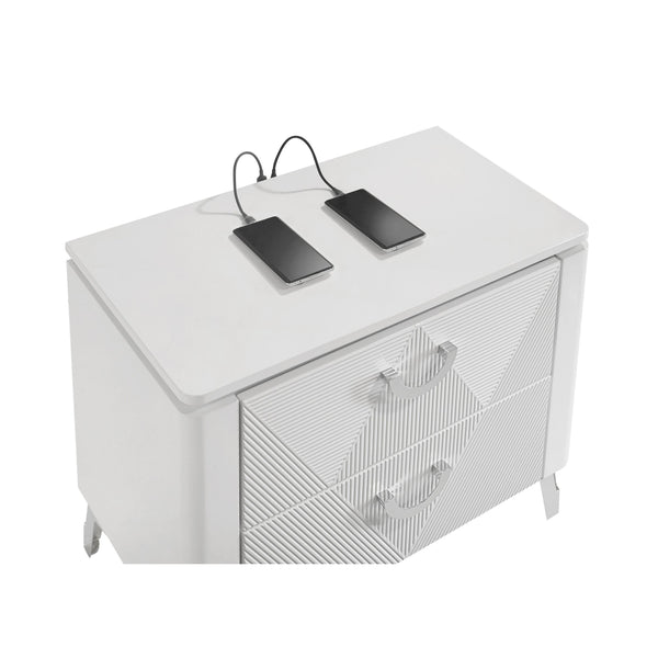 English Elm 2-drawer White Gloss Nightstand with Usb Charging Ports and Geometric Drawer Fronts B016P453628