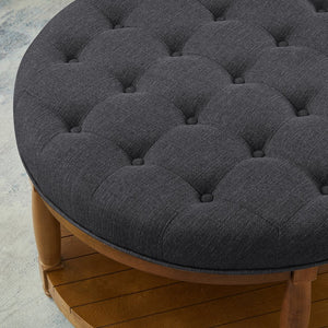 English Elm Large Tufted Linen Round Ottoman with Solid Wood Shelf Footrest for Living Room W2186P400511
