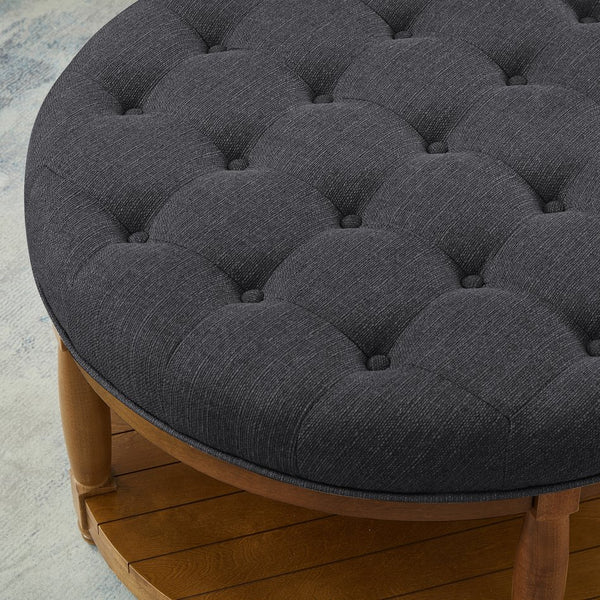English Elm Large Tufted Linen Round Ottoman with Solid Wood Shelf Footrest for Living Room W2186P400511