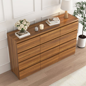 English Elm 12 Drawer Wide Double Dresser Modern Symmetrical Wood Storage Chest for Bedroom Walnut W409S00017