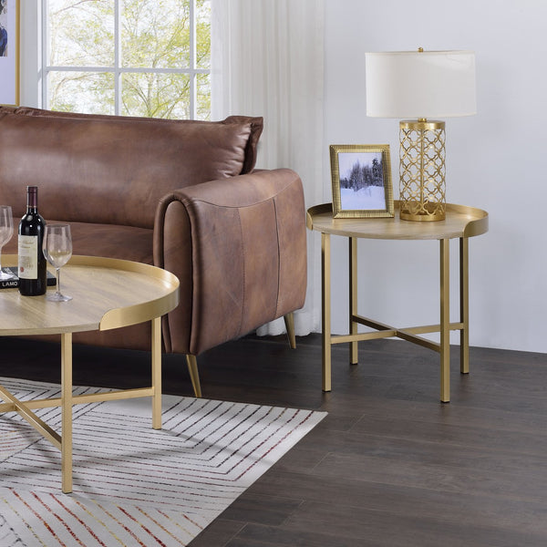 English Elm Oak Round Tray Top End Table With Gold Base – Modern Elegance For Living Room & Bedroom Décor B062P181360