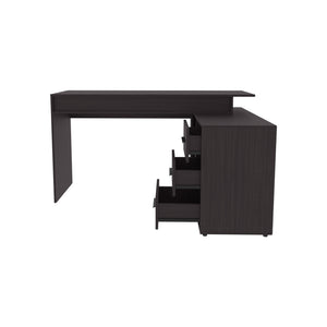 English Elm Desk, Black Wengue engineered wood office desk with 3 drawers, 2 shelves, sturdy 4-leg design, FSC compliant B097P369419