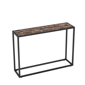 English Elm Narrow industrial console table with marble-edge wrap, space-saving foyer shelf, sturdy metal frame W578P357536