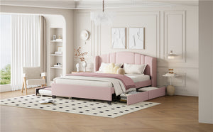 English Elm Upholstered Platform Bed with Wingback Headboard, Twin Trundle & 2 Storage Drawers, Linen Queen Frame Pink 83 L x 9.5 W x 8.75 H N733S208132H