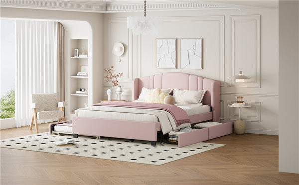 English Elm Upholstered Platform Bed with Wingback Headboard, Twin Trundle & 2 Storage Drawers, Linen Queen Frame Pink 83 L x 9.5 W x 8.75 H N733S208132H
