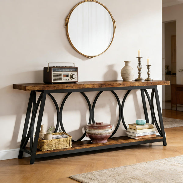 English Elm Hall Console Table Industrial Rustic Two Tier Wood Tone Metal Frame Entryway Sofa T3971P452060