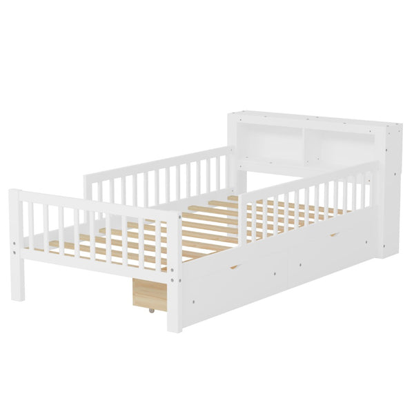English Elm Twin Size Bed With Headboard Storage, Two Drawers, Safety Guardrails, And Stylish White Finish N733P272374K-GIGA