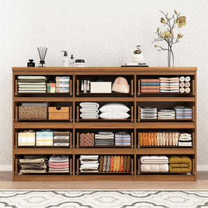 English Elm 12 Drawer Wide Double Dresser Modern Symmetrical Wood Storage Chest for Bedroom Walnut W409S00017