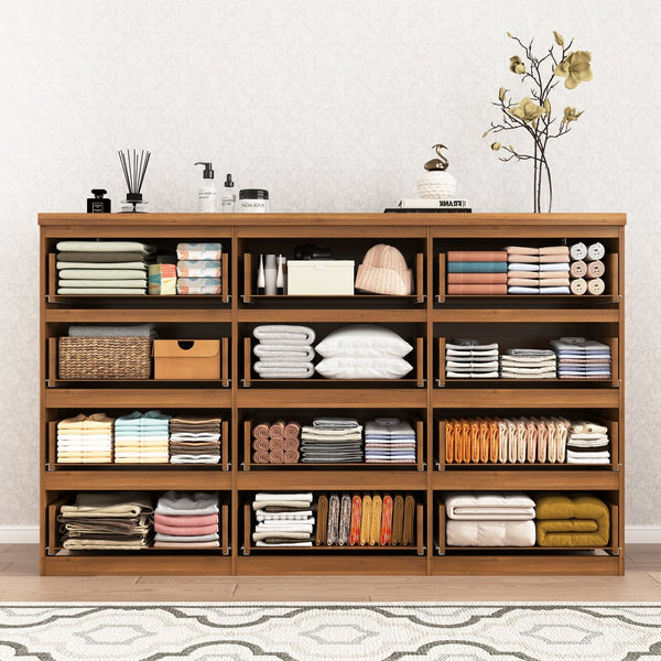 English Elm 12 Drawer Wide Double Dresser Modern Symmetrical Wood Storage Chest for Bedroom Walnut W409S00017