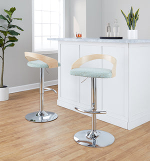 English Elm Adjustable Swivel Barstools Set of 3 Chrome Base Natural Wood Green Fabric Seat B202S02018