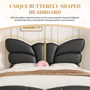 English Elm Christopher Knight Home® - Full Upholstered PU Leather Bed Frame with Butterfly Headboard, Gold Accents, Solid Wood Platform Black 78.25 L x 10 W x 3.25 H N761S0000018B