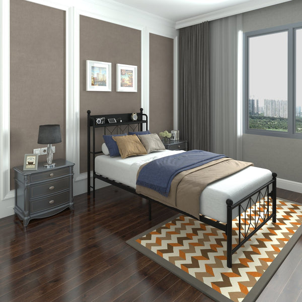 English Elm Twin Bed Frames with Storage Headboard, Built-In USB/Type-C Charging, LED Light, Space-Saving Design Black W2129P314785