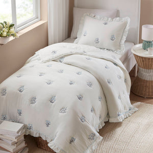 English Elm 2-piece Floral Embroidered Twin Quilt Set Romantic Ruffled Border Soft Down Alternative Fill White+Blue B035P463189
