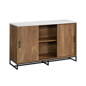 English Elm Credenza, Versatile Brown Finish Storage Cabinet With Adjustable Shelves & Modern Metal Base B356P402725