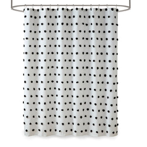 JLA Home Madison Park - Shower Curtain with Soft Fabric Pom-Poms on White Ground — Textured, Machine-Washable 72"x72" Black MP70-6597