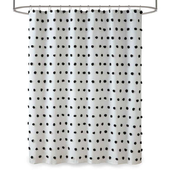 JLA Home Madison Park - Shower Curtain with Soft Fabric Pom-Poms on White Ground — Textured, Machine-Washable 72"x72" Black MP70-6597