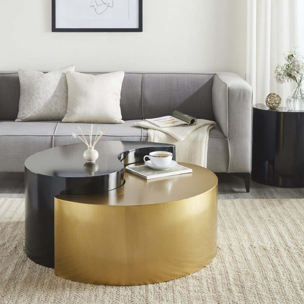 English Elm Ying Yang Modern Coffee Table With Black & Gold Iron Frame - Artistic Design For Stylish Spaces G150108936-GIGA