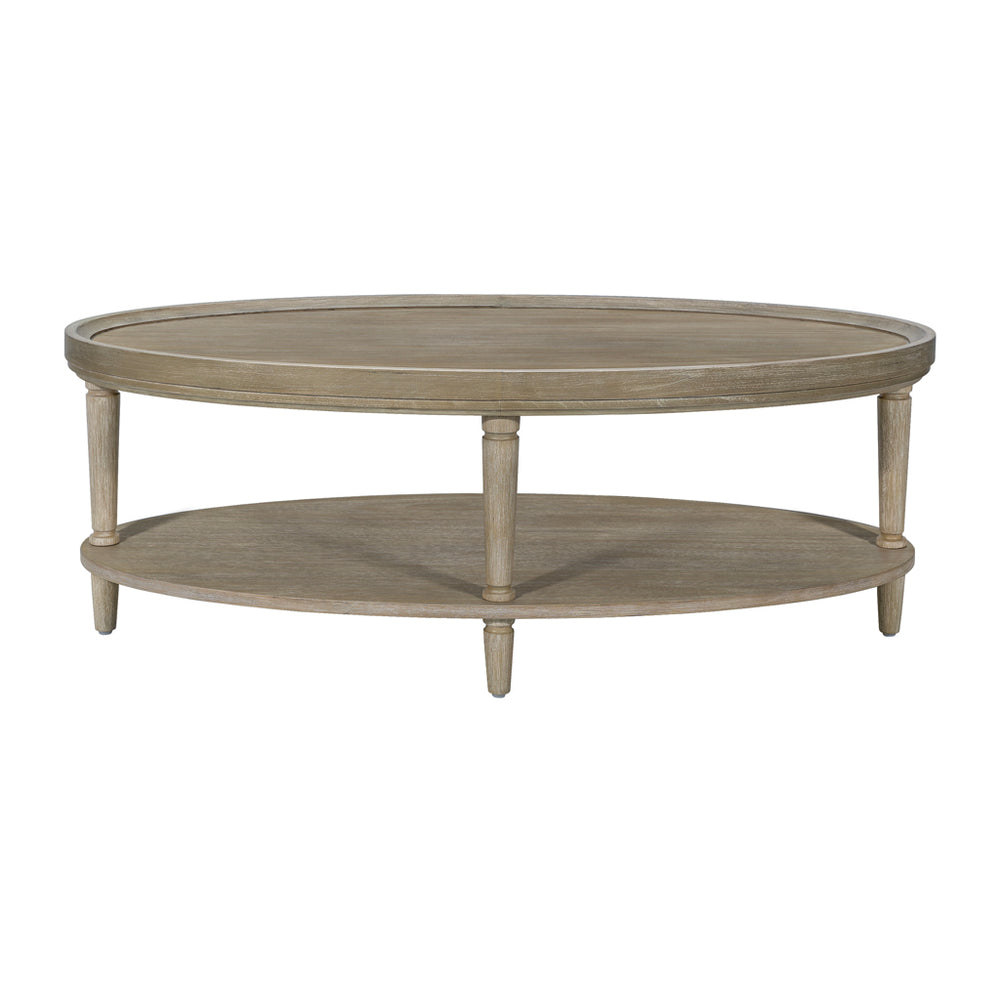 JLA Home Martha Stewart - Oval Reclaimed Greige Coffee Table with Raised Edge, Lower Shelf & Turned Legs — Farmhouse Chic Durable Design MT120-1200
