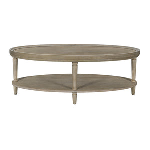 JLA Home Martha Stewart - Oval Reclaimed Greige Coffee Table with Raised Edge, Lower Shelf & Turned Legs — Farmhouse Chic Durable Design MT120-1200