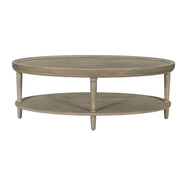 JLA Home Martha Stewart - Oval Reclaimed Greige Coffee Table with Raised Edge, Lower Shelf & Turned Legs — Farmhouse Chic Durable Design MT120-1200