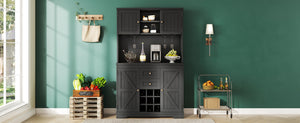 English Elm Coffee Bar Cabinet Dark Blue Farmhouse Buffet with Wine Cubbies, Stemware Rack, Drawers, Shelves & Prep Space Black W1580S00088