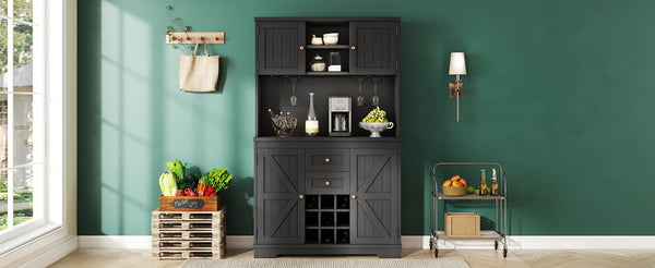 English Elm Coffee Bar Cabinet Dark Blue Farmhouse Buffet with Wine Cubbies, Stemware Rack, Drawers, Shelves & Prep Space Black W1580S00088