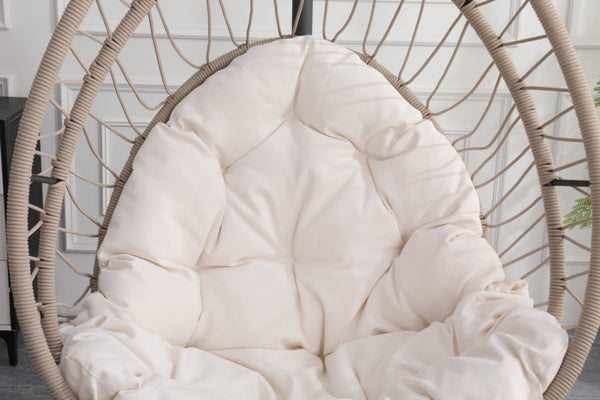 English Elm Outdoor Egg-shaped Hanging Chair with Stand — Beige Gray+White HDPE Cushions, 350lb Sturdy Frame W2500P290032