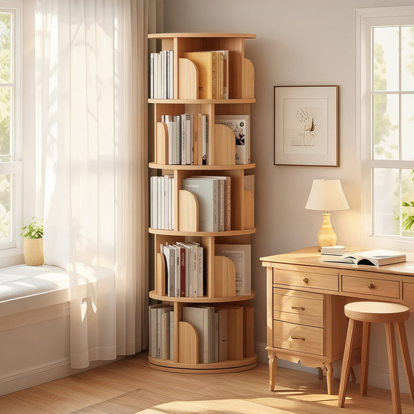 English Elm 5 Tier Rotating Bookshelf Tower with Curved Edges, 360° Smooth Spin, Stable Double-Layer Base, Space-Saving Storage Wood W3204P293742