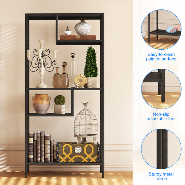 English Elm Modern Cube Storage Shelf with 4 Compartments, Metal Legs Freestanding Organizer for Living Room Home Office Decor and Display — 33W x 13D x 70H T2398P286673