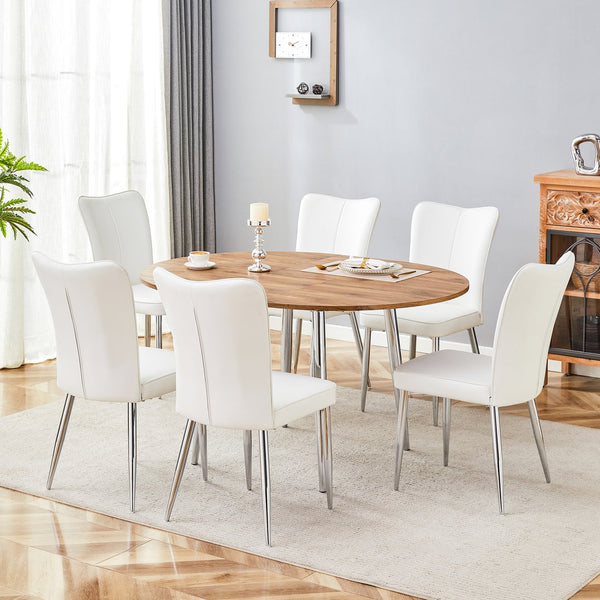 English Elm Table and Six Chair Extendable Dining Set Wood Grain Mdf Top Silver Metal Legs W1151S03963
