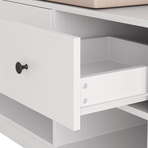 English Elm Multi-purpose Hallway Hall Tree with Linen Cushion Bench, Pegboard, Hooks, Drawers & Shoe Storage White W757P196820