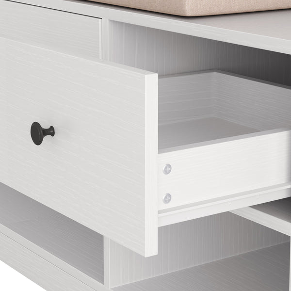 English Elm Multi-purpose Hallway Hall Tree with Linen Cushion Bench, Pegboard, Hooks, Drawers & Shoe Storage White W757P196820