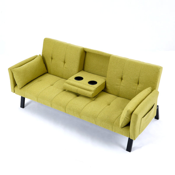 English Elm 70-inch Foldable Cotton Linen Sofa Bed with Cup Holder & Side Storage, Space-Saving 2-Seater Design Green W3371P337200