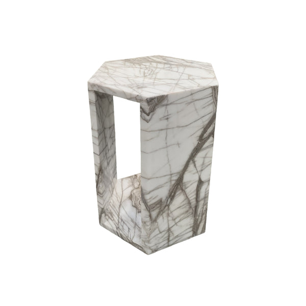 English Elm Genuine Solid Marble Hexagonal Pedestal End Table Polished Stone for Modern Living White+Multi W1696P408000