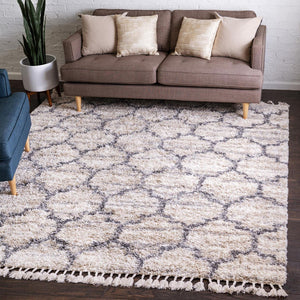 Unique Loom Hygge Shag Trellis Machine Made Trellis Rug Beige, Gray/Ivory 8' 0" x 8' 0"
