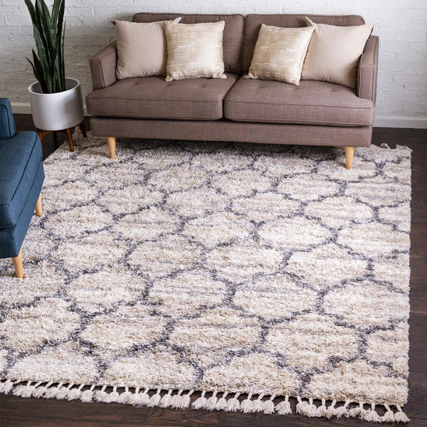 Unique Loom Hygge Shag Trellis Machine Made Trellis Rug Beige, Gray/Ivory 8' 0" x 8' 0"