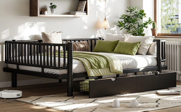 English Elm Full Size Metal Platform Storage Bed Low Profile Steel Frame with Built-in Drawers Black W5305P471350